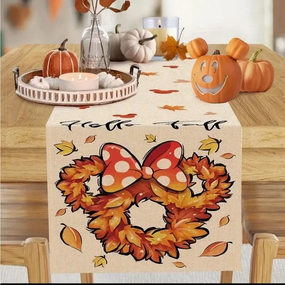 13x72 Table Runner Disney Minnie Mickey Mouse Fall Leaves Fabric Mantel scarf - Picture 1 of 5